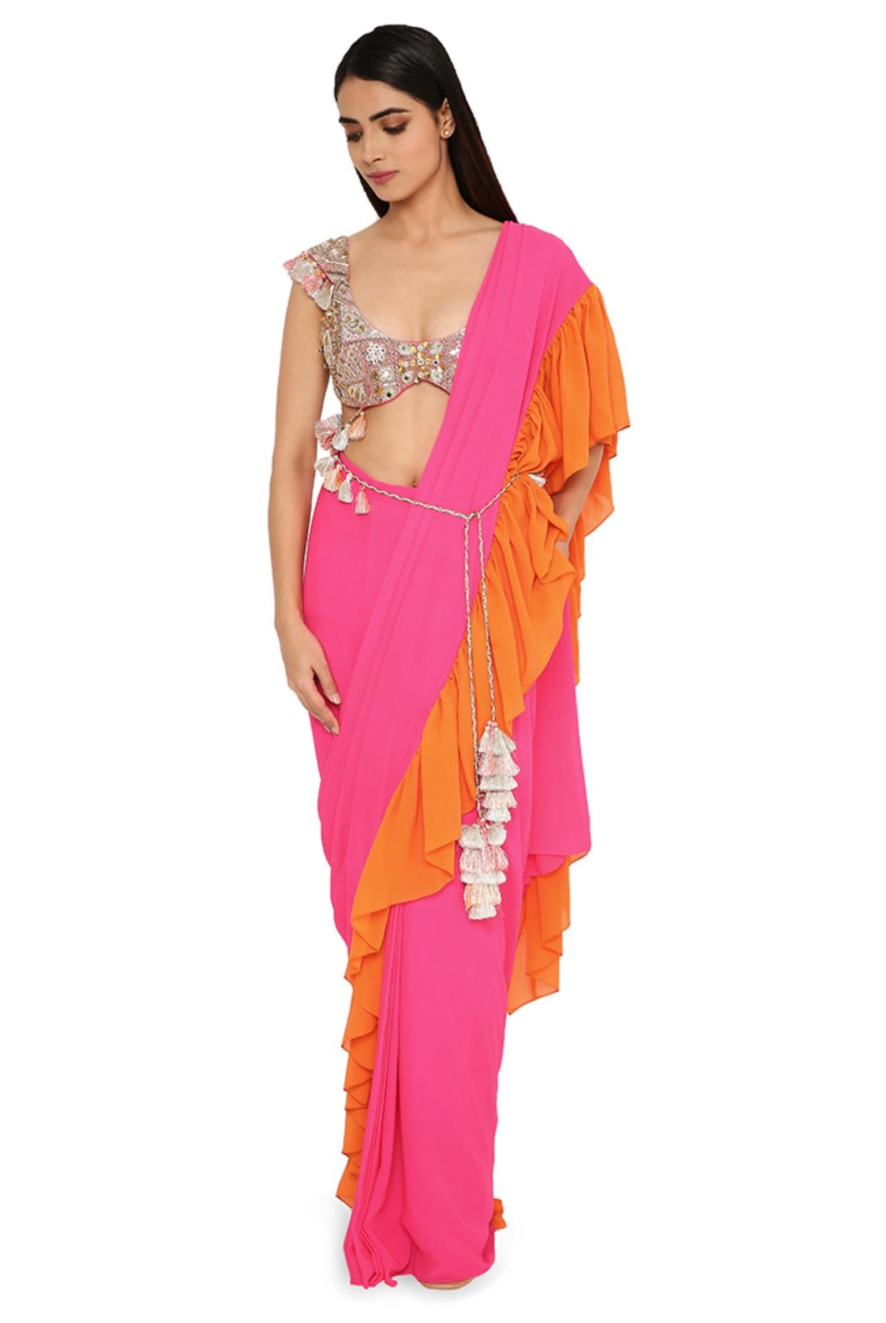 Myiesha Pink Colour Georgette Embroidered Choli With Pink And Orange Georgette Frill Pre-Stitched Saree