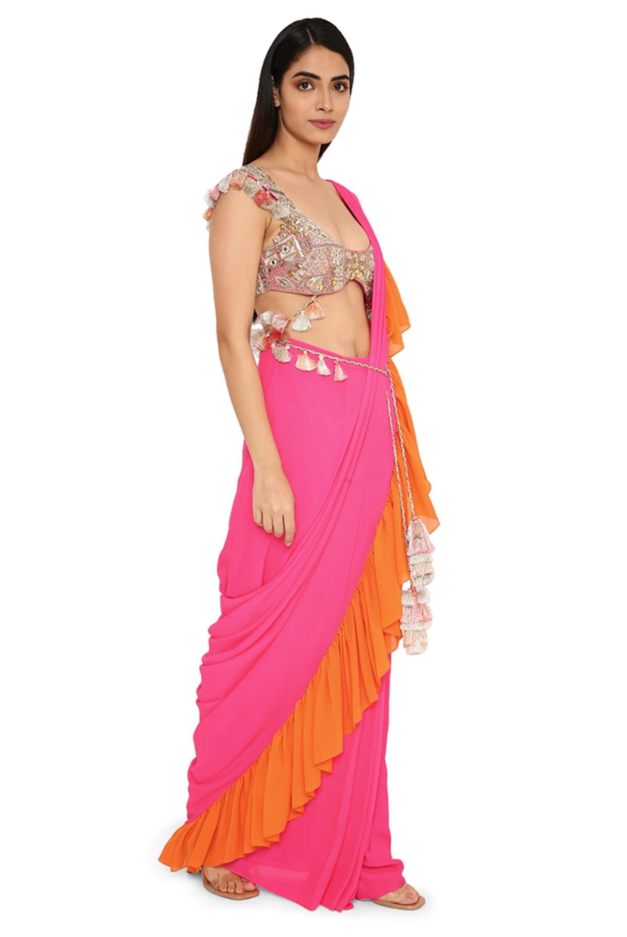 Myiesha Pink Colour Georgette Embroidered Choli With Pink And Orange Georgette Frill Pre-Stitched Saree