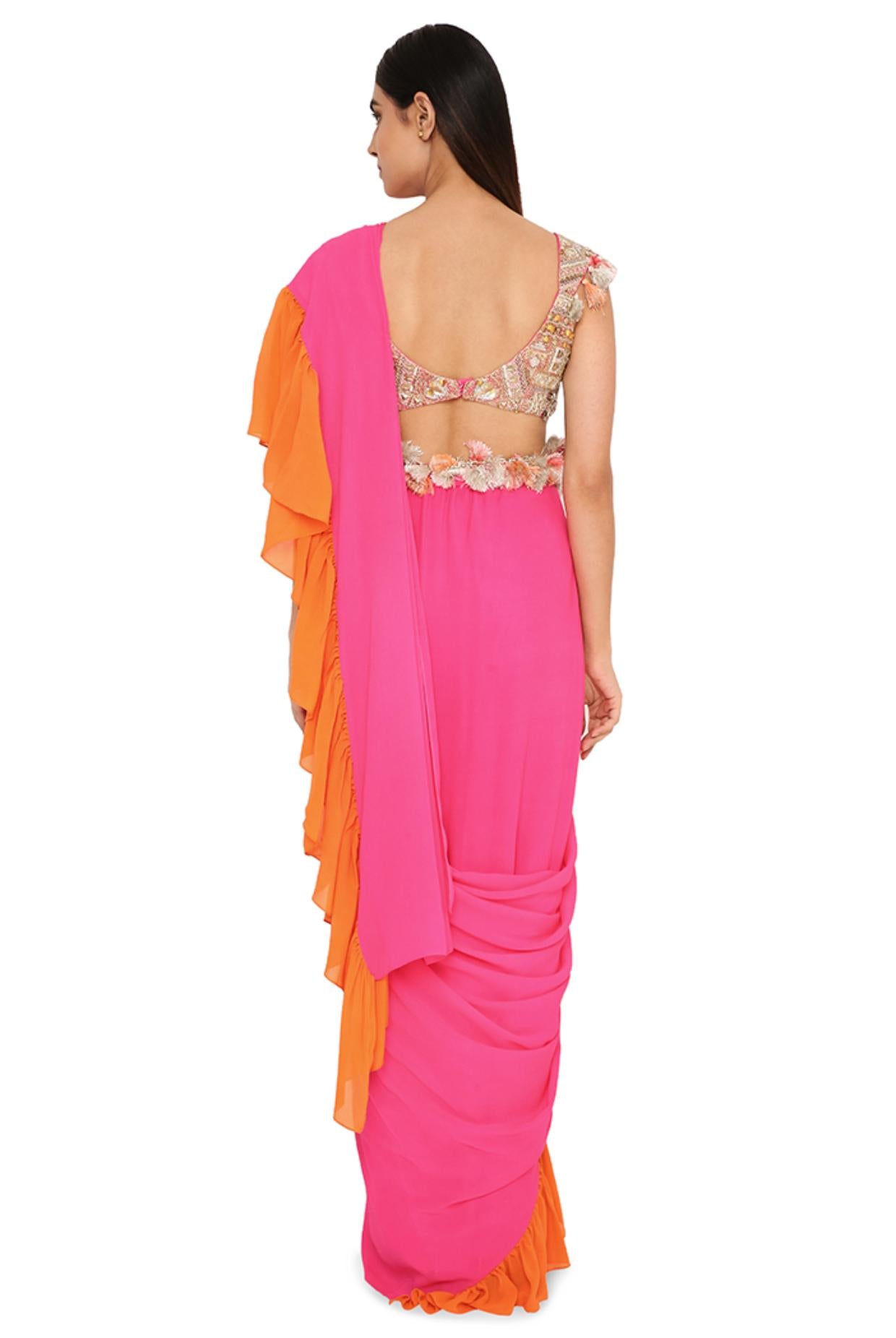 Myiesha Pink Colour Georgette Embroidered Choli With Pink And Orange Georgette Frill Pre-Stitched Saree