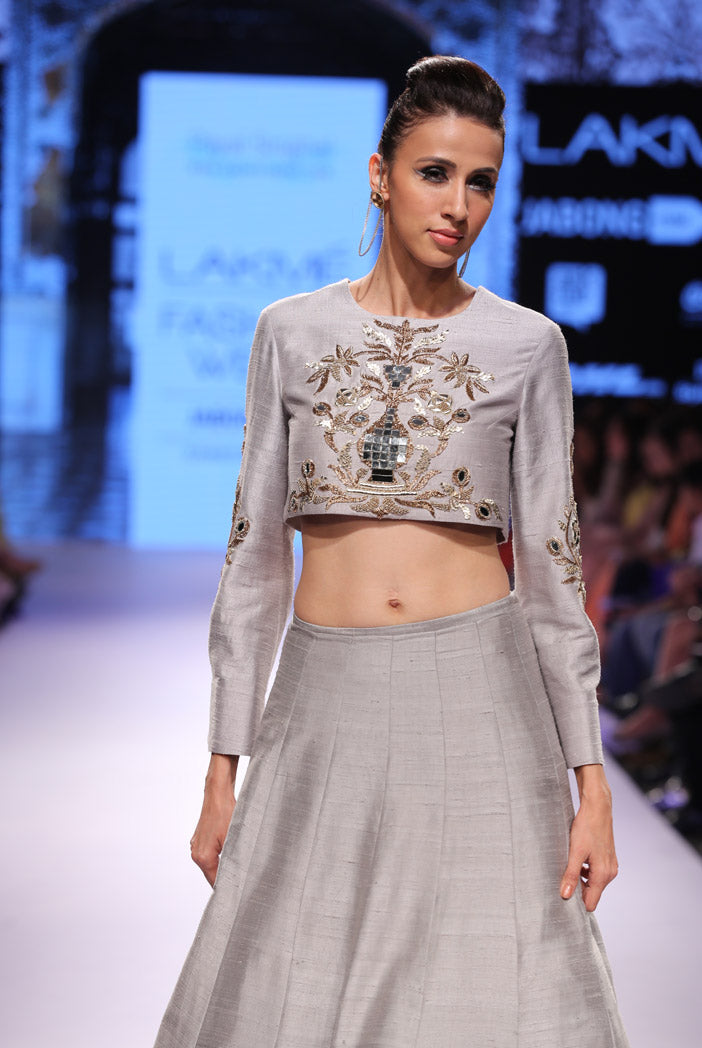 Nafeesa Grey Dupion Silk Crop Top with Panelled Lehenga