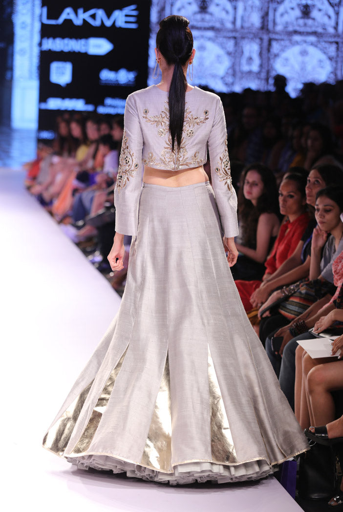 Nafeesa Grey Dupion Silk Crop Top with Panelled Lehenga