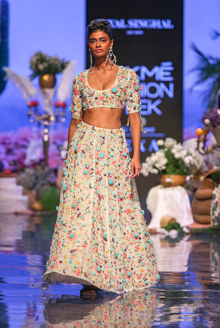 Naira Chalk White Georgette Choli and Lehenga