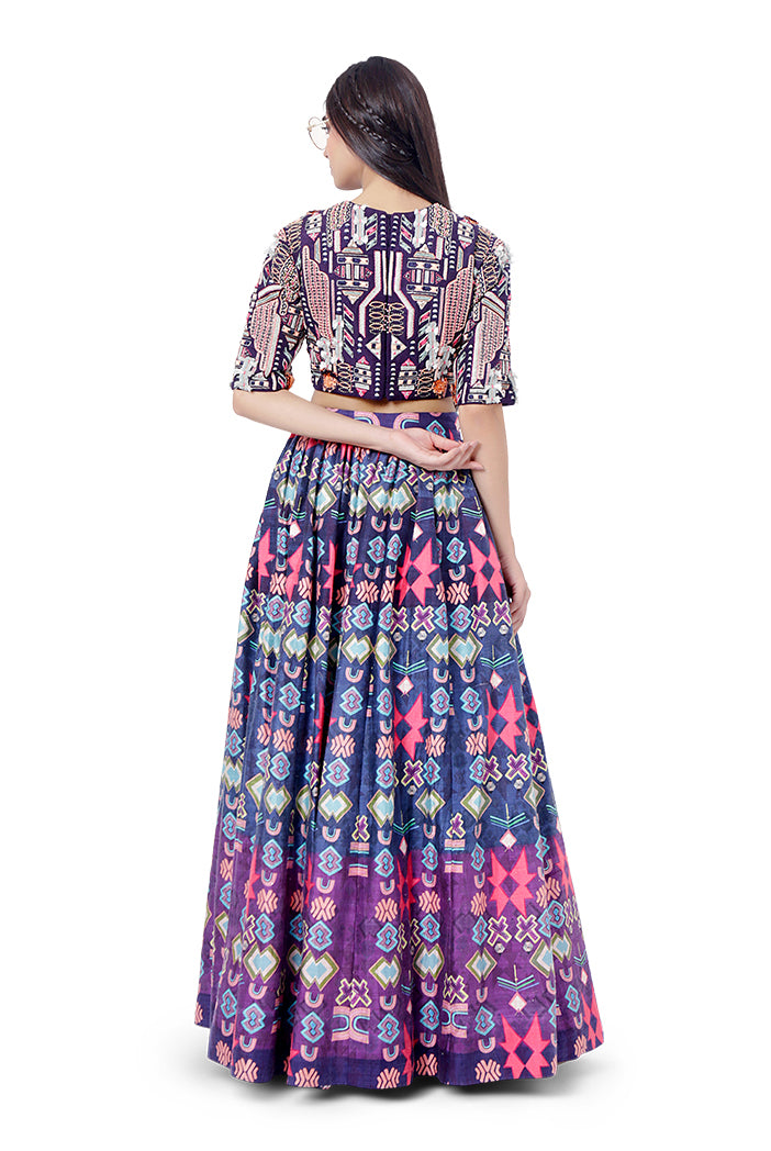 Najya Purple Colour Dupion Silk Embroidered Choli with Printed Lehenga and Dot Mukaish Net Dupatta