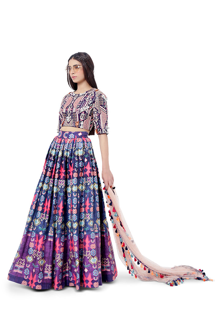 Najya Purple Colour Dupion Silk Embroidered Choli with Printed Lehenga and Dot Mukaish Net Dupatta