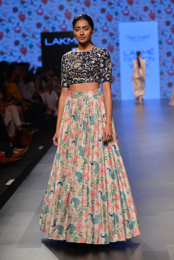 Nargis Navy Dupion Silk Choli with Printed Dupion Silk Skirt