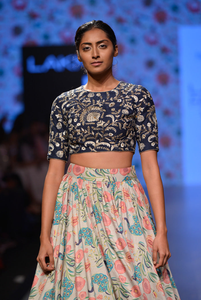 Nargis Navy Dupion Silk Choli with Printed Dupion Silk Skirt