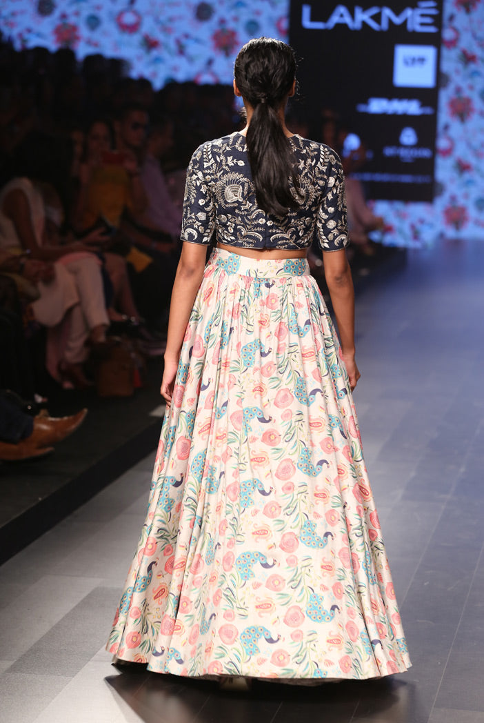 Nargis Navy Dupion Silk Choli with Printed Dupion Silk Skirt