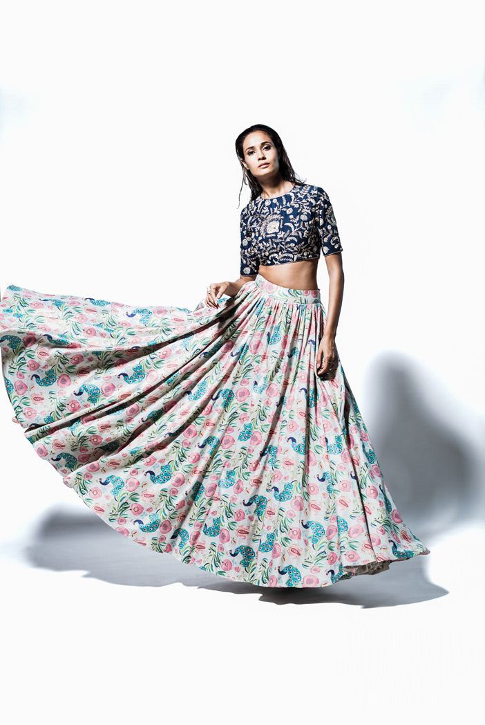 Nargis Navy Dupion Silk Choli with Printed Dupion Silk Skirt