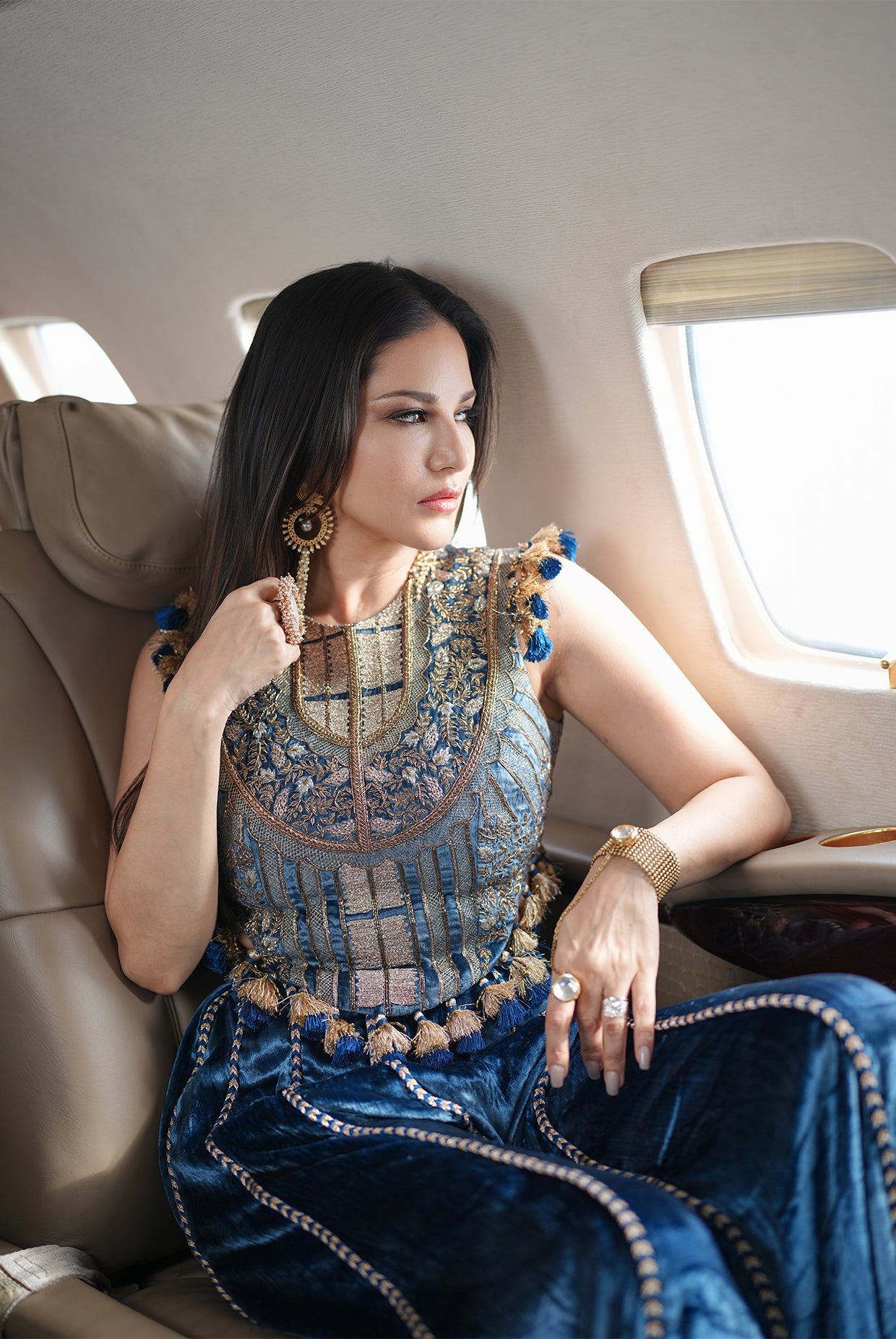 NAVY BLUE VELEVET EMBROIDERED CHOLI WITH SHARARA