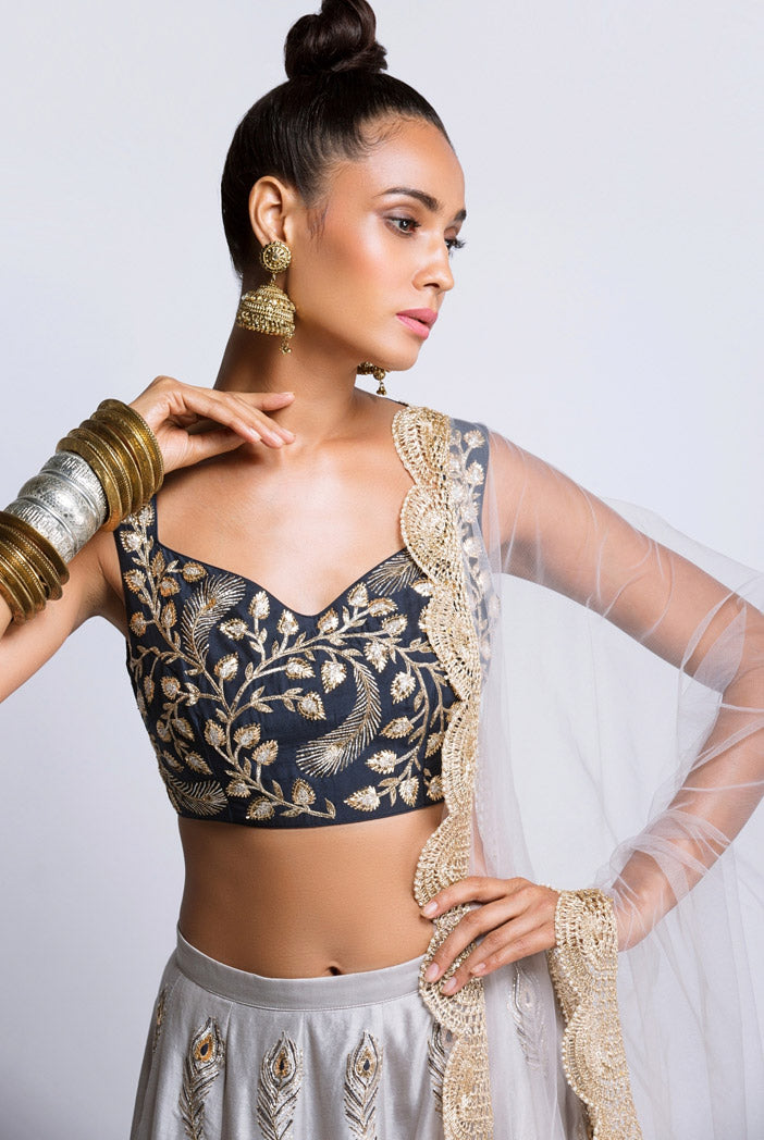 Navy Dupion Silk Choli with Grey Silkmul Laehenga and Net Dupatta