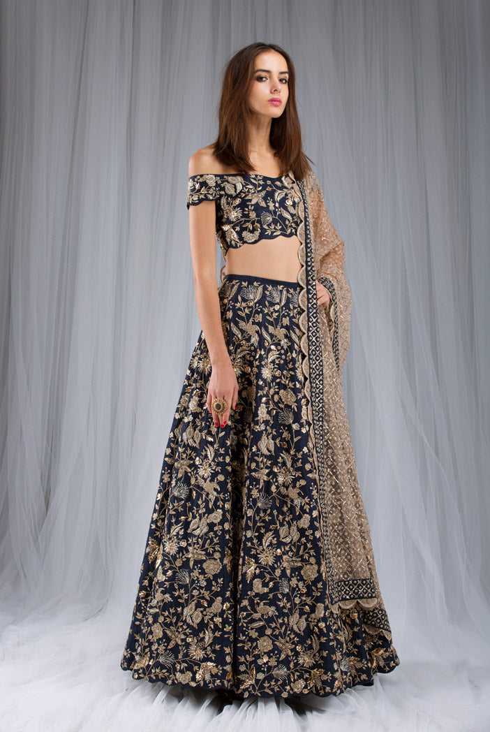 Navy Dupion Silk Off Shoulder Choli and Lehenga with Blush Net  Dupatta