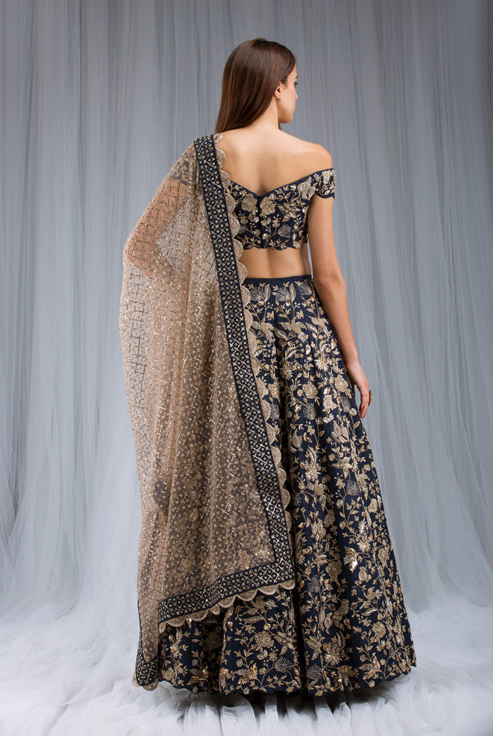 Navy Dupion Silk Off Shoulder Choli and Lehenga with Blush Net  Dupatta