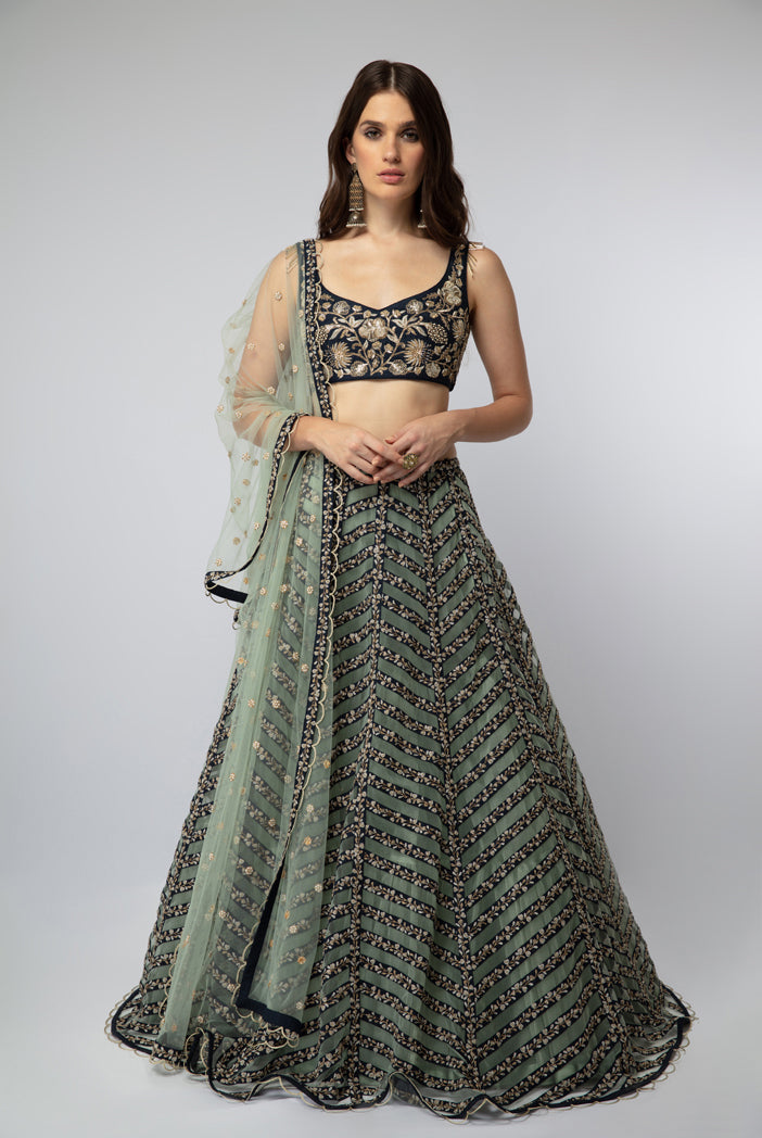 Navy Embroidered Choli with Stripped Lehenga and Dupatta