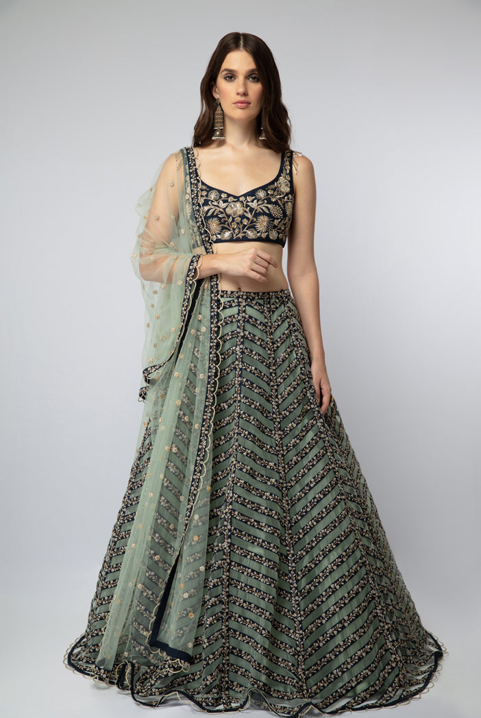 Navy Embroidered Choli with Stripped Lehenga and Dupatta