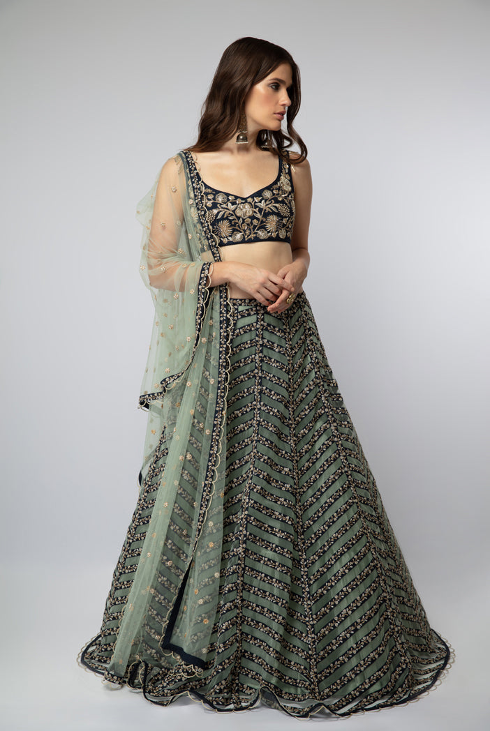 Navy Embroidered Choli with Stripped Lehenga and Dupatta