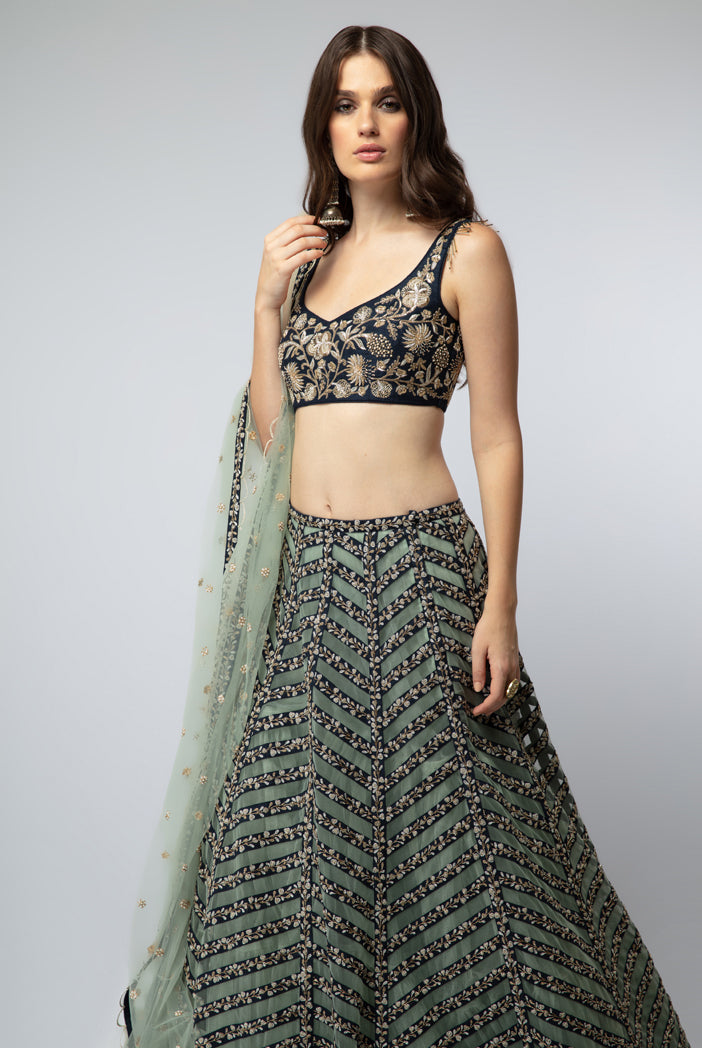 Navy Embroidered Choli with Stripped Lehenga and Dupatta