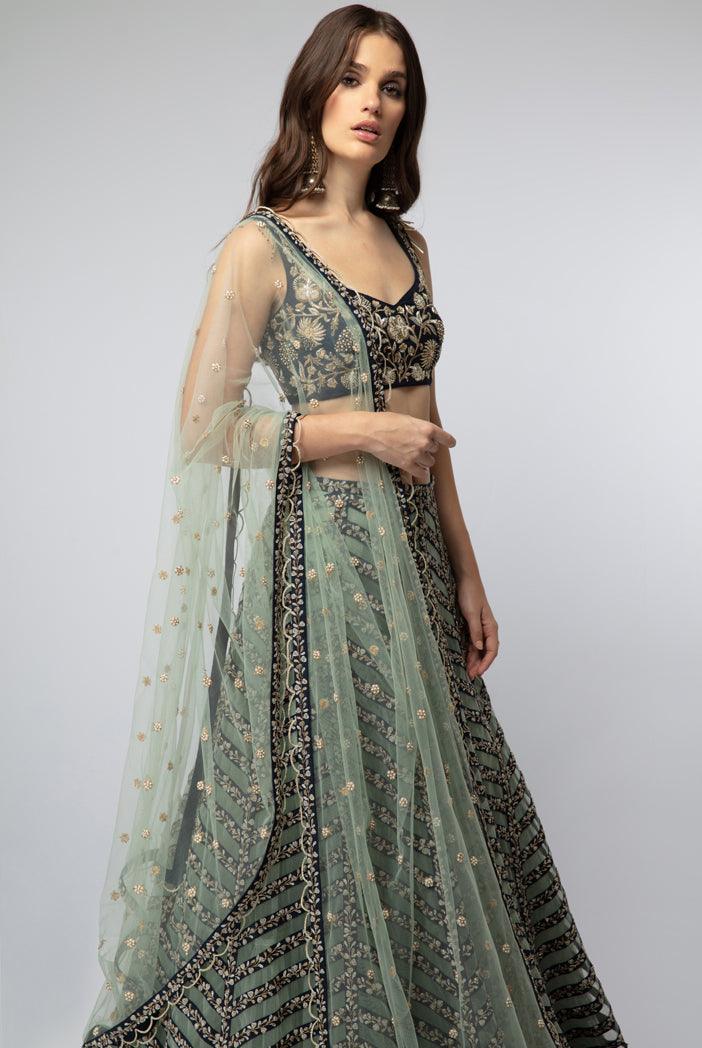 Navy Embroidered Choli with Stripped Lehenga and Dupatta