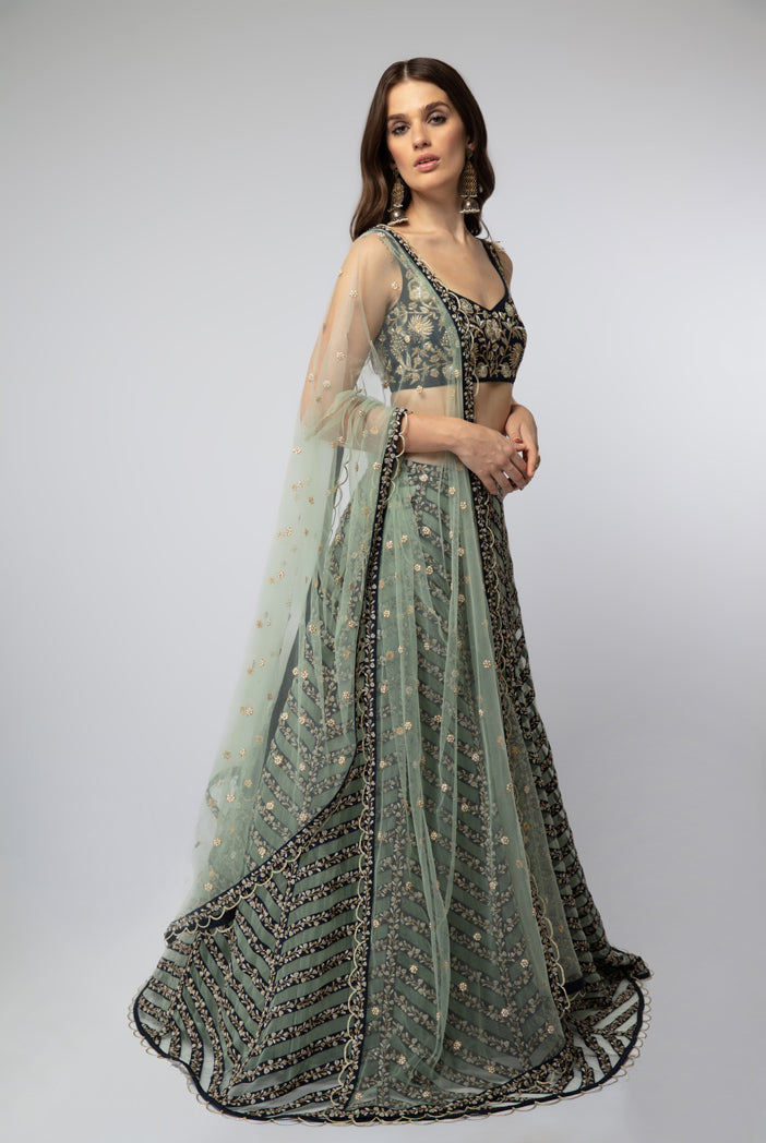 Navy Embroidered Choli with Stripped Lehenga and Dupatta