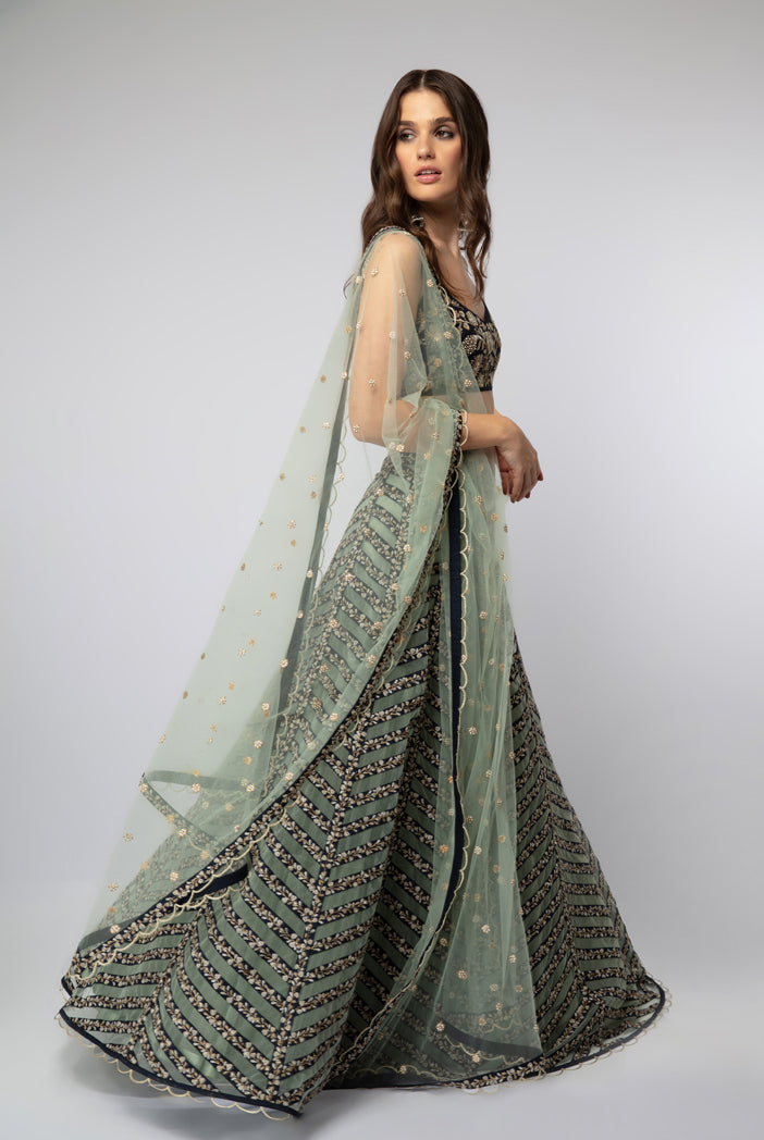 Navy Embroidered Choli with Stripped Lehenga and Dupatta