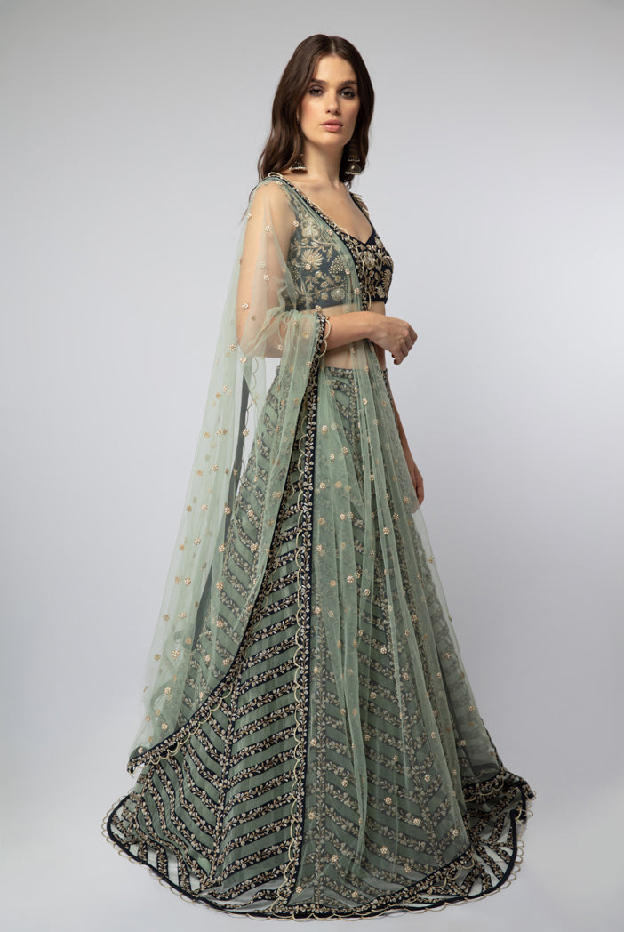 Navy Embroidered Choli with Stripped Lehenga and Dupatta