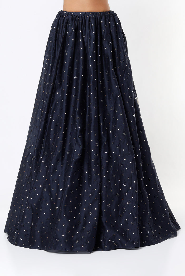 Navy Embroidered One Shoulder Choli With Attached Mukaish Georgette Dupatta And Mukaish Silkmul Lehenga