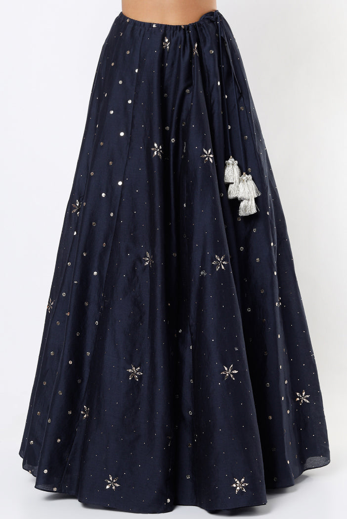 Navy Georgette Embroidered Choli With Mukaish Silkmul Lehenga And Mukaish Net Dupatta