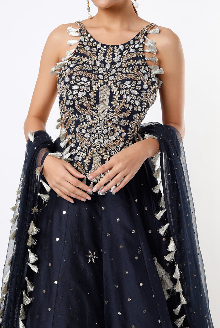 Navy Georgette Embroidered Choli With Mukaish Silkmul Lehenga And Mukaish Net Dupatta