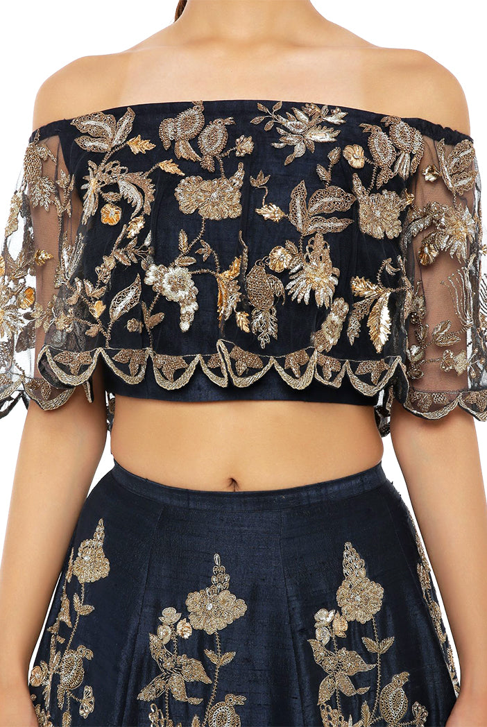 Navy Net Off Shoulder Ruffle Top with Navy Dupion Silk Lehenga