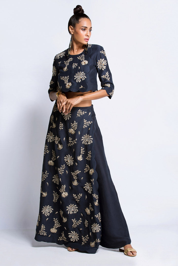 Navy Silk Crop Top with Overlap Palzzo