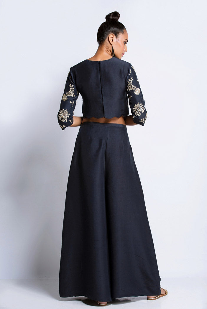Navy Silk Crop Top with Overlap Palzzo