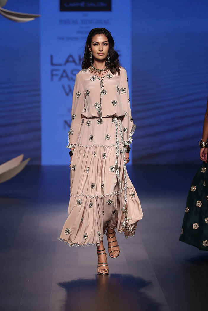 Nimet Rose Pink Crepe Tiered Dress