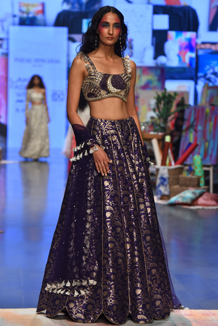 Nina Navy Dupion Silk Embroidered Bustier With Brocade Lehenga And Mukaish Net Dupatta