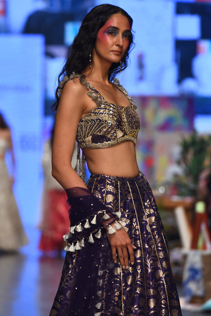 Nina Navy Dupion Silk Embroidered Bustier With Brocade Lehenga And Mukaish Net Dupatta