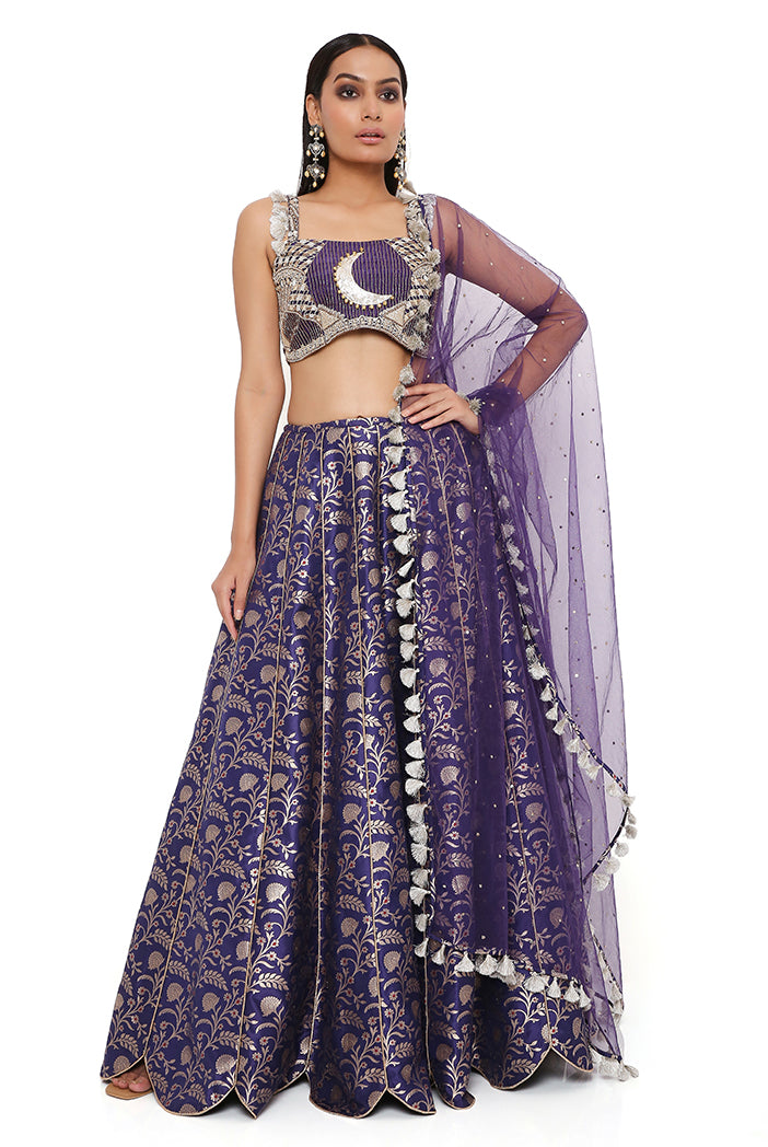 Nina Navy Dupion Silk Embroidered Bustier With Brocade Lehenga And Mukaish Net Dupatta