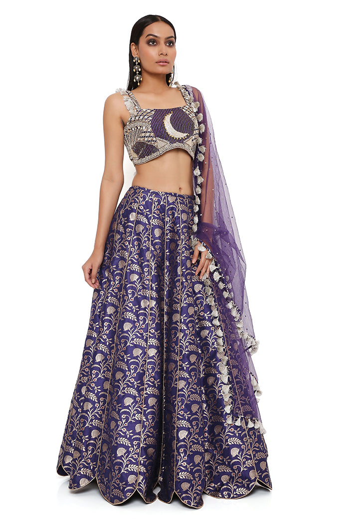 Nina Navy Dupion Silk Embroidered Bustier With Brocade Lehenga And Mukaish Net Dupatta