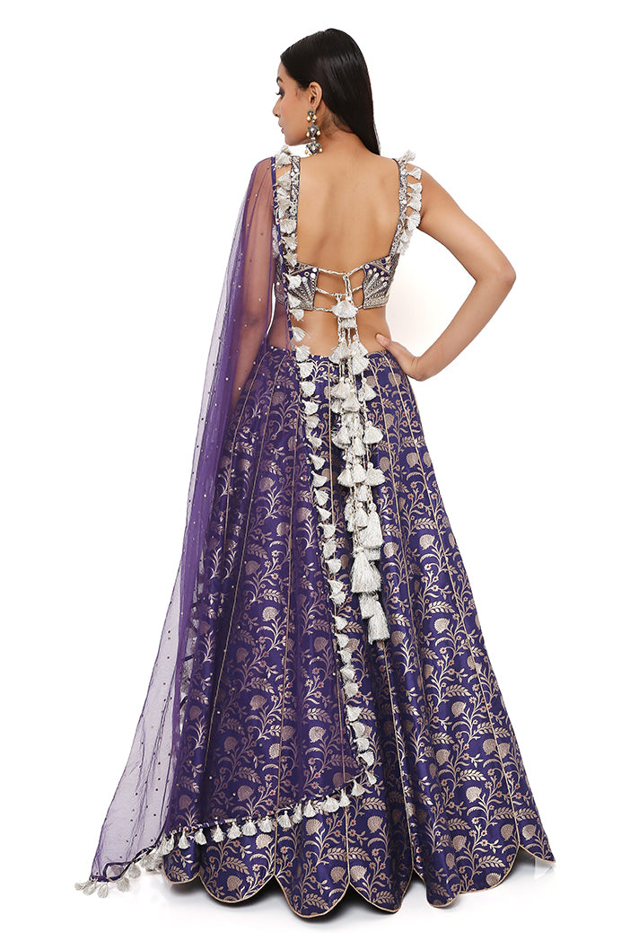 Nina Navy Dupion Silk Embroidered Bustier With Brocade Lehenga And Mukaish Net Dupatta