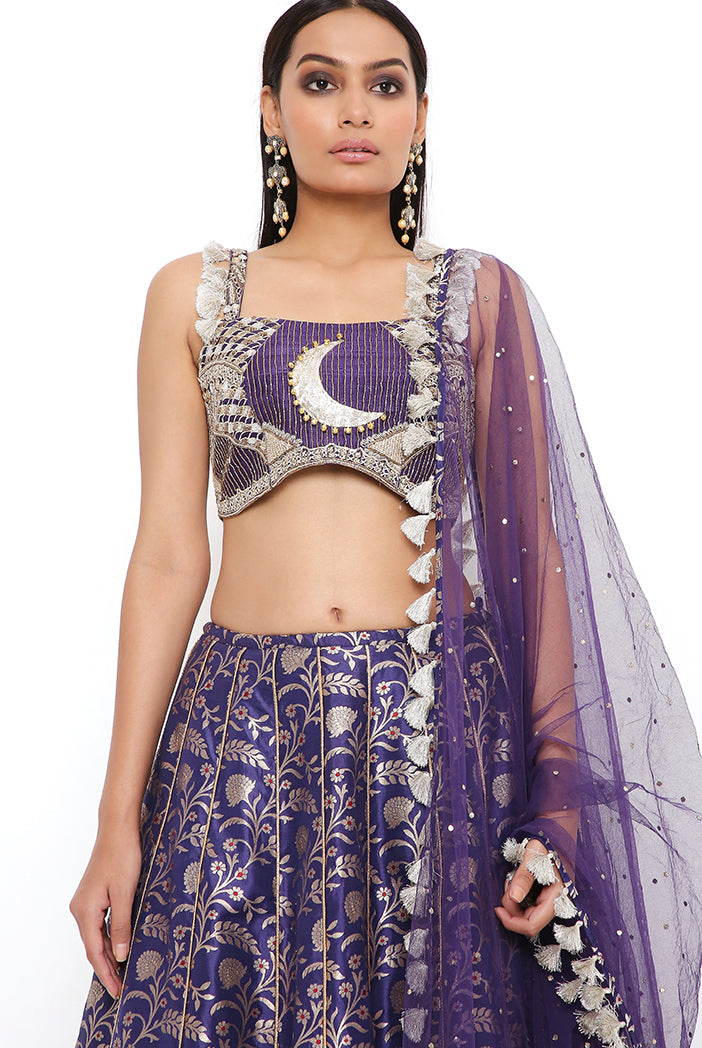 Nina Navy Dupion Silk Embroidered Bustier With Brocade Lehenga And Mukaish Net Dupatta