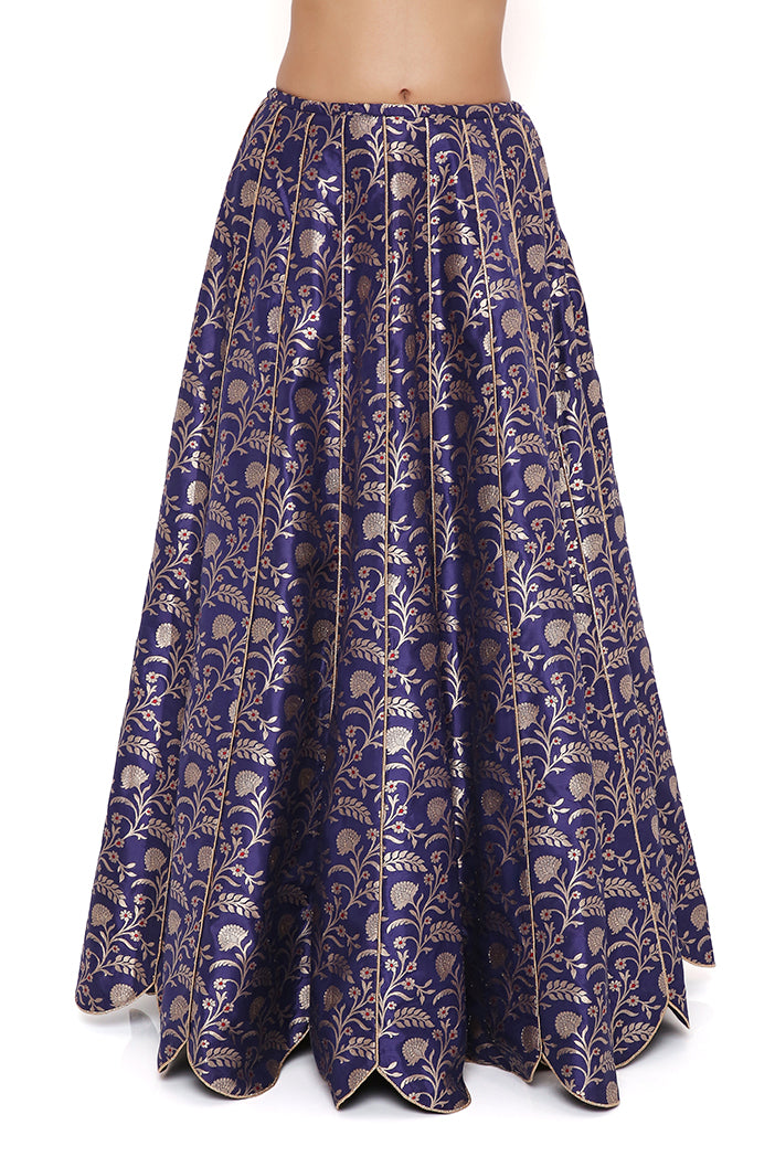 Nina Navy Dupion Silk Embroidered Bustier With Brocade Lehenga And Mukaish Net Dupatta