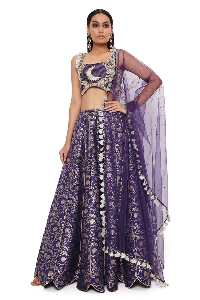 Nina Navy Dupion Silk Embroidered Bustier With Brocade Lehenga And Mukaish Net Dupatta