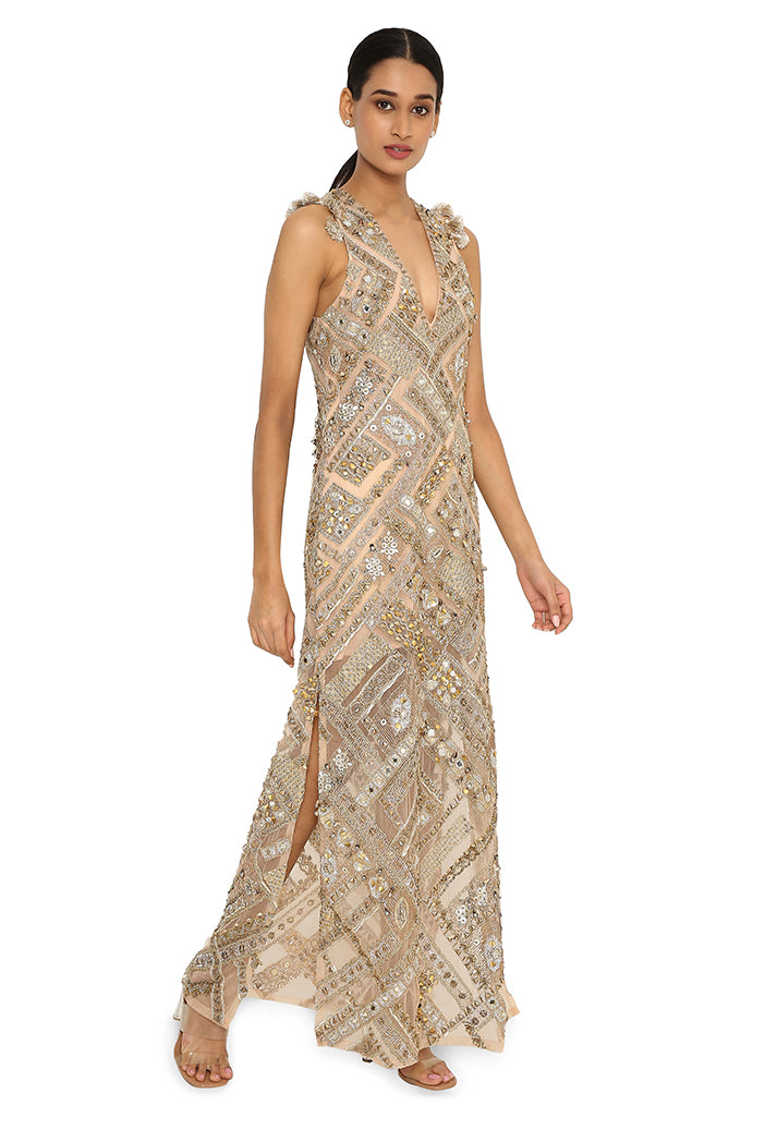 Nubia Beige Net Embroidered Gown