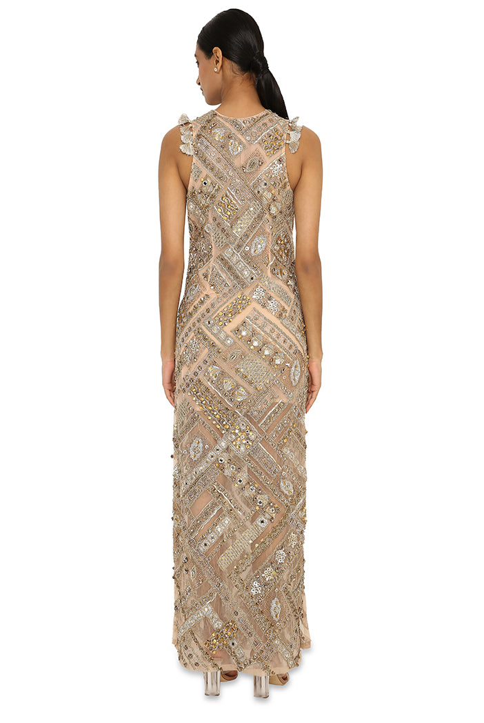 Nubia Beige Net Embroidered Gown