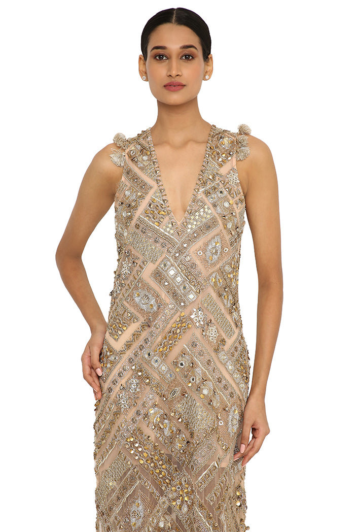 Nubia Beige Net Embroidered Gown