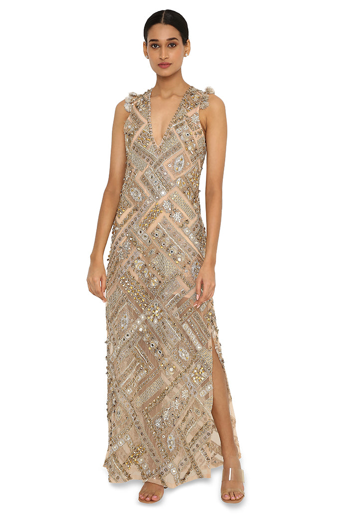 Nubia Beige Net Embroidered Gown