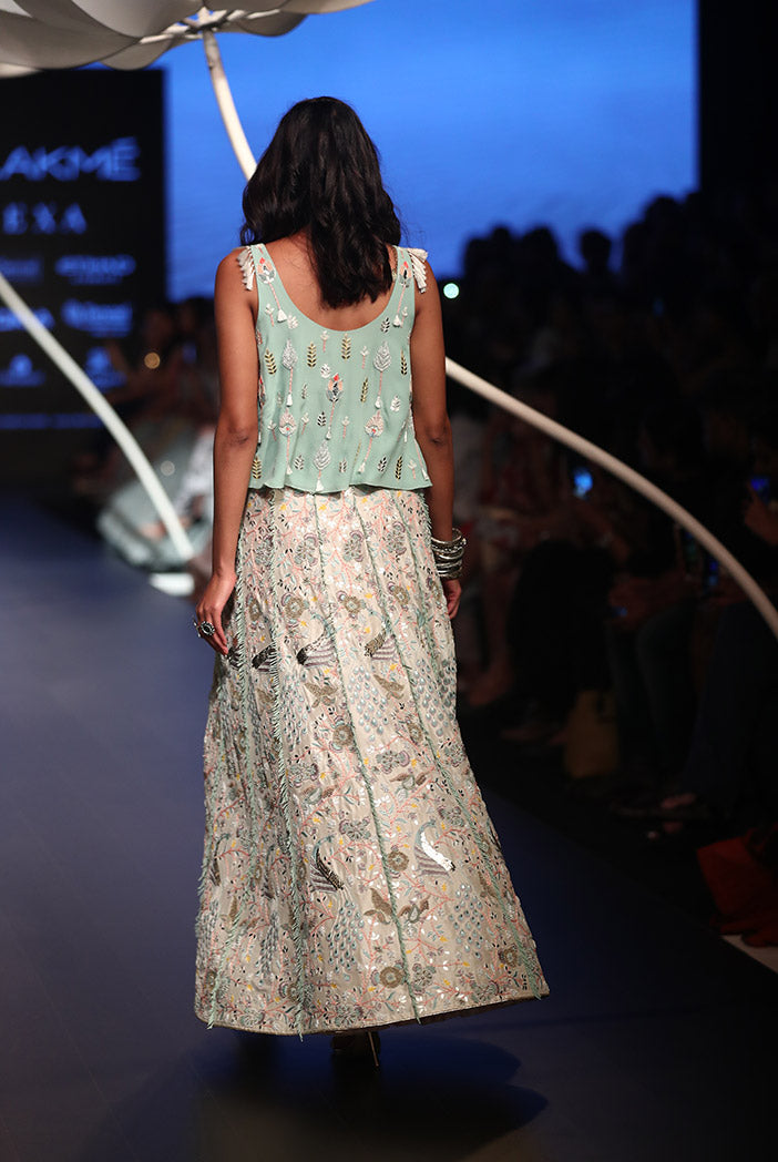 Nuran Aqua Georgette top with Stone Silk Lehenga