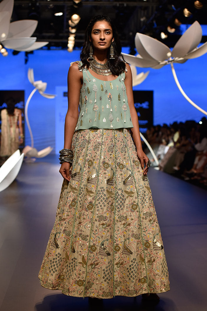 Nuran Aqua Georgette top with Stone Silk Lehenga