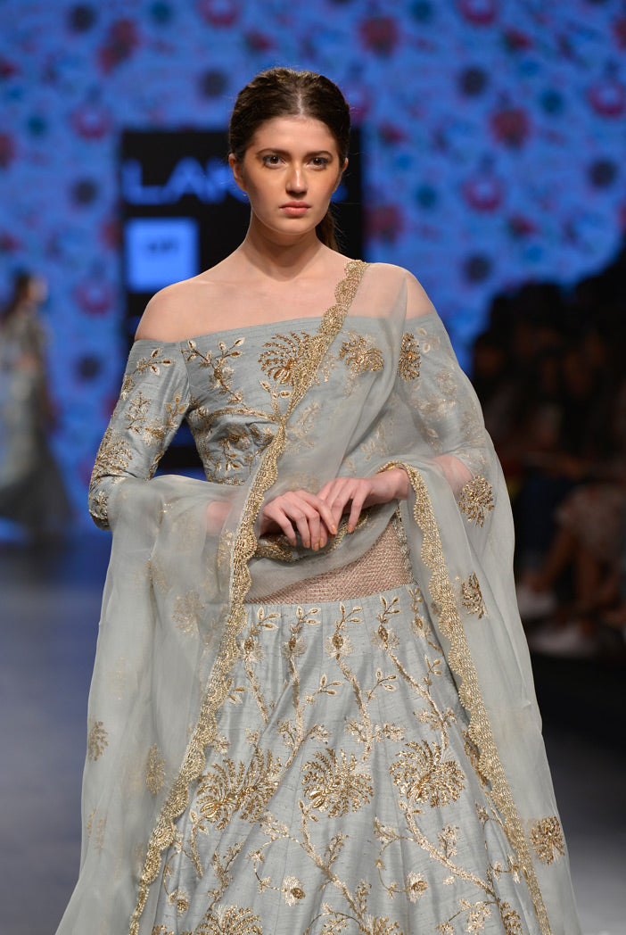 NurJahan Powder Blue Dupion Silk Off Shoulder Choli with Lehenga and Organza Dupatta