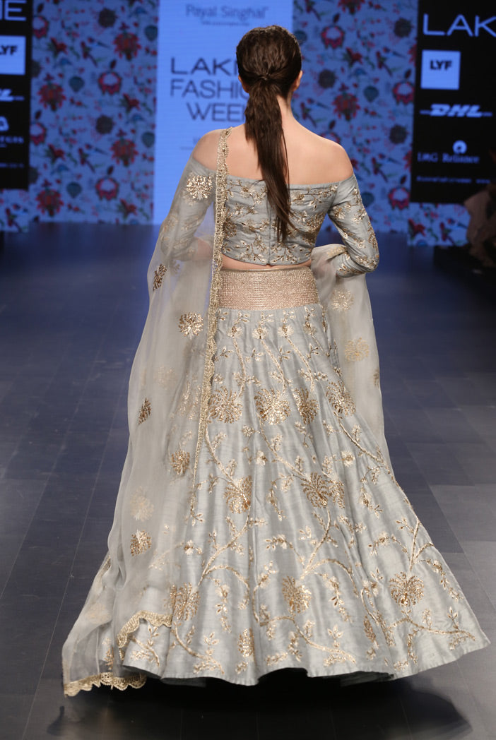 NurJahan Powder Blue Dupion Silk Off Shoulder Choli with Lehenga and Organza Dupatta