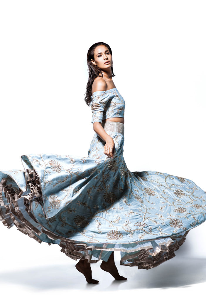 NurJahan Powder Blue Dupion Silk Off Shoulder Choli with Lehenga and Organza Dupatta