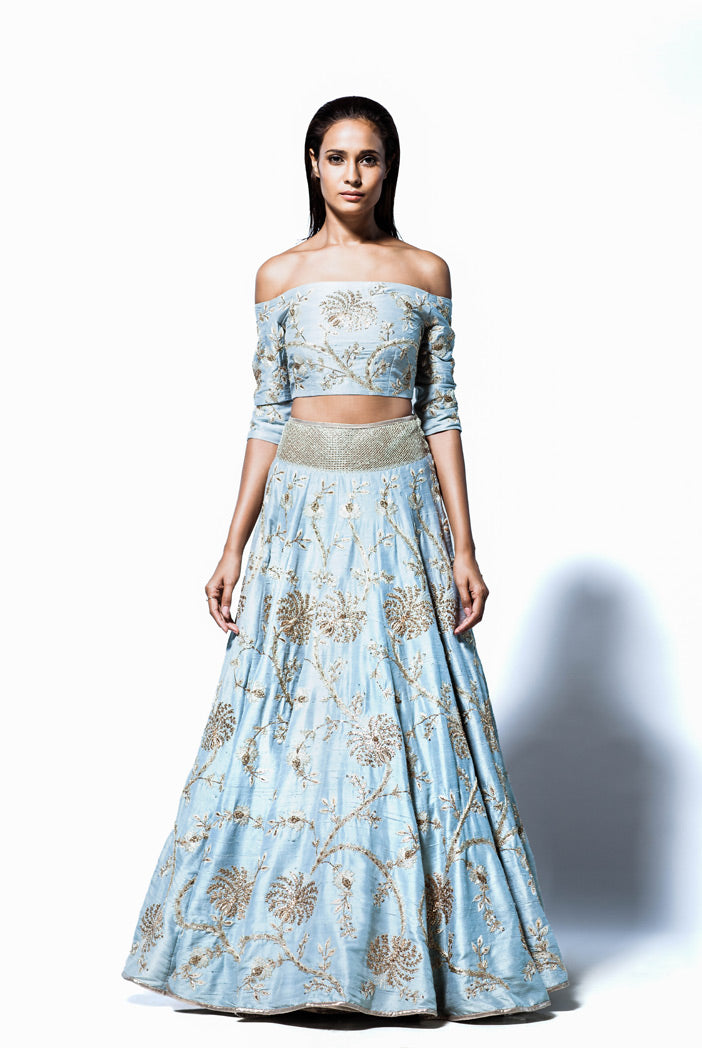 NurJahan Powder Blue Dupion Silk Off Shoulder Choli with Lehenga and Organza Dupatta