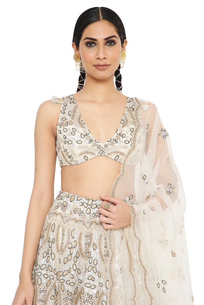 Aalaya Off White Colour Embroidered Choli With Lehenga And Dupatta